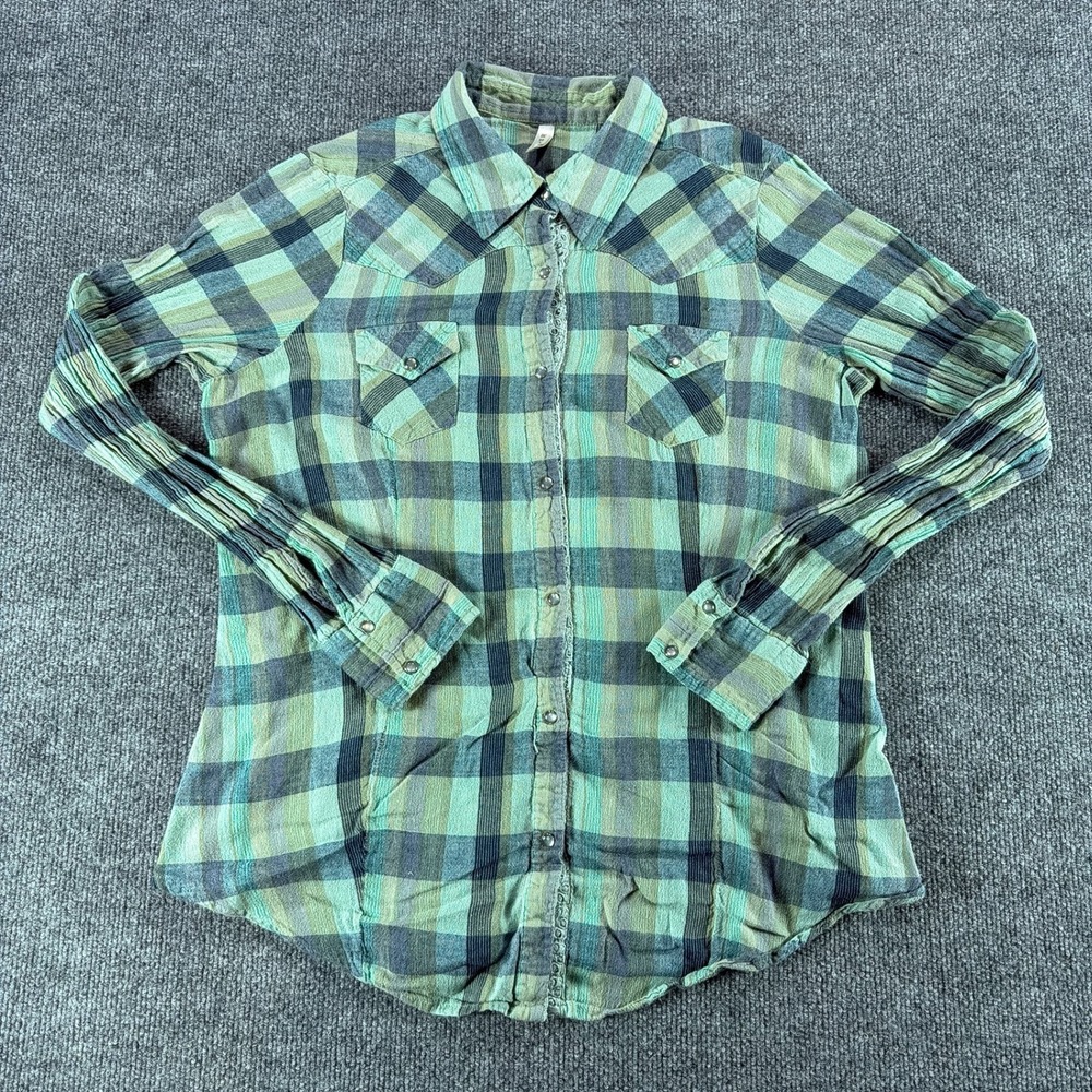 Roper Womens Green Plaid Western PearlSnap Shirt Crochet Trim Cotton Large Rodeo